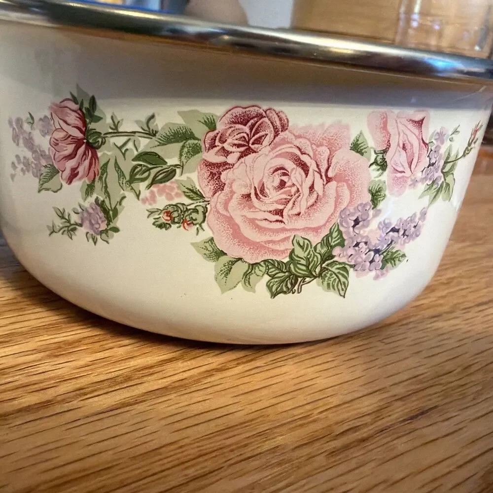 5”  and 6” Vintage Enamel Floral nesting BOWL pink rose flower